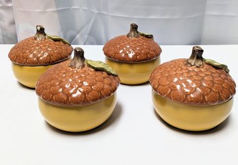 Vintage Barnacle Inc, Portugal, Pottery By Designer Barbara Eigen, Set Of (4) Acorn Design Lidded Soup Bowls