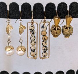 Gold Tone Leaf Pearl, Dalmation Stone, And Teardrop Metalwork Dangling Earrings