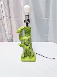 Vintage MCM Green Glazed Ceramic Deer With Fawn Design Lamp - (No Shade)