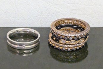 5 Crystal Jeweled Two-tone Stacking Rings Combined With One Silver Ring With Tiny Tiny Stone
