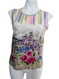 Designer Lynn Ritchie Silk /Cotton Blend Sleeveless Shirt/Tank Top With Vibrant Garden Print (Size M)