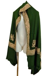 European Vintage Luxurious Rich Green Oversize Wool/ Silk Scarf With Gold Embroidered Details