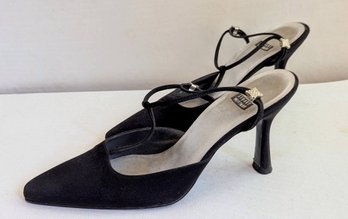 Designer Stuart Weitzman Black Satin Pointed Toe Heels With Crystal Designed Straps