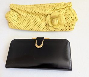 Classic Gold Clasp Black Leather And Courtenay Yellow Perforated Leather Clutch Purses