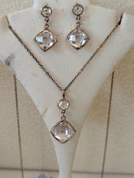 Cut Crystal Pendant On Gold Chain With Matching Earrings