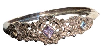 Sterling Bracelet Featuring Marcasites A Center Amethyst Stone, Sides Of Blue Topaz And Citrine?