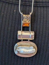 925 Sterling Baroque Pearl And Amber Cut Stone Pendent With SS Chaint