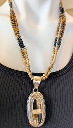 Pendant Of Tiger Eye, Onyx, Jasper And MOP In Sterling Silver On Multistrand Tiger's Eye Stone Beaded Necklace