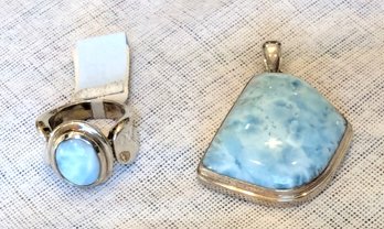 Polished Sky Blue Larimar Pendant And Ring