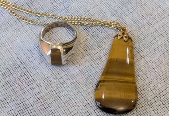 Teardrop Tiger's Eye Pendant On Gold Tone Chain And Tiger's Eye Ring