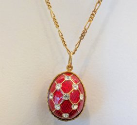 Faberge-style Egg Pendant Necklace In Sterling With Gold Overlay In Electric Red Enamel.