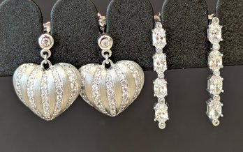 Sterling Silver Heart And Drop Earrings Embellished With Cubic Zirconia