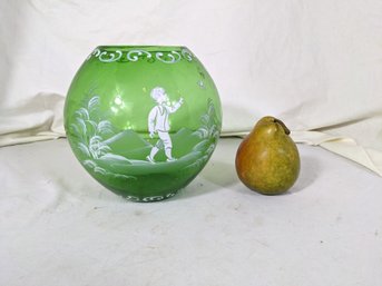Antique Green Glass Vase With A Decorative Enameled Young Boy