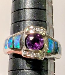 Round Cut Amethyst Colored Cubic Zirconia Stone Ring With CZ Lab Created Opal Accents