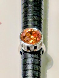 Vermeil Gold Ring With Raised Round Cut Citrine(?) Center Stone And CZ Accents