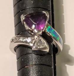 Trillion Cut Amethyst Colored CZ Stone Ring With Lab Created Opal And CZ Accents In Sterling Silver