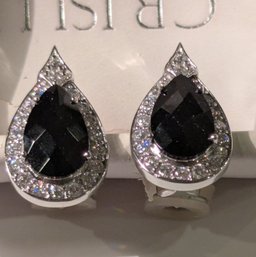 Pierced Teardrop Black Cubic Zirconia Earrings With CZ Accents