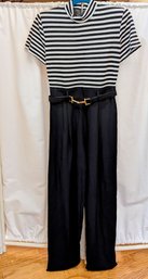 Coastal Chic Short Sleeve Stripe Top And Belted Navy Bottom Jumpsuit