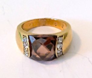 (Gold Plate?) Square Cut Garnet Colored Cubic Zirconia Ring With CZ Accents