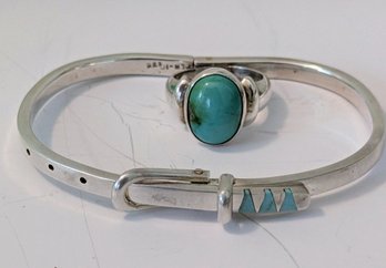 Buckle Clasp Sterling Silver Bangle Bracelet With Turquoise Accents And Turquoise Ring