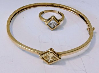 Sterling Silver And Citrine Colored CZ Gem Stone Bracelet With 18k Gold Vermeil Plate And Sterling CZ Ring