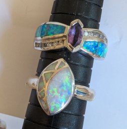 Marquise Cut Amethyst Colored CZ  Ring Flanked W/ 6 CZ Diamond Colored Stones And Lab Created Opal Ring