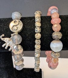 Semi-Precious Stone(?) And Metal Beaded Bracelets With Elephant And Yin/Yang Charms