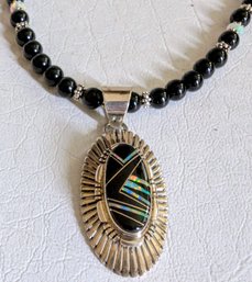 Navajo Iridescent Semi-Precious Stone Pendant On Black Beaded Necklace