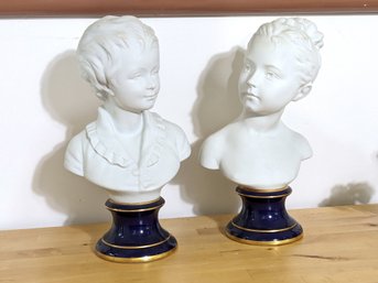 Collection Of Two Limoges Porcelain Bust On Cobalt Blue Bases With Gold Trim