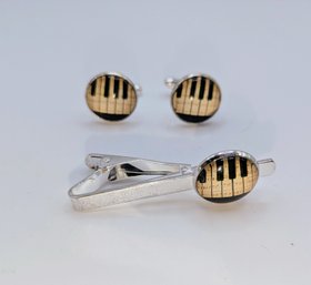 Piano Key Cufflink & Tie Clip Set In Silver Tone