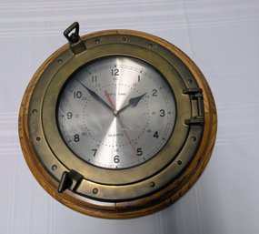 Vintage Ship Time, Porthole Wood & Brass Quartz Clock 12 Hour & 24 Hour Military Time
