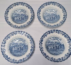 Vintage Set Of (4) Motts Country Life, Ironstone, Hand Engraved, Blue And White Rim Soup Bowls