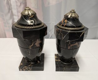 Pair Of Antique, 19th/20th Century, Art Deco Marble Garniture Urn With Silvered Bronze Mounts - Very Heavy