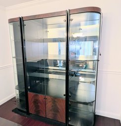 Vintage Lighted Three Piece Display/Curio Cabinet With A Burled Wood Accent & Black Trim