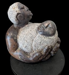 Beautiful 1990s K. Musekiwa Shona Artist's Carved Stone Of Mother And Child On Rotating Display Base