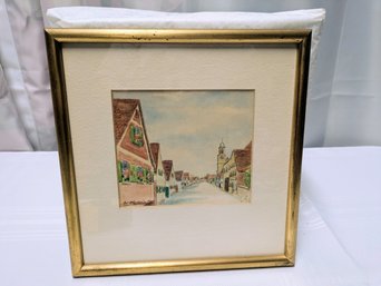 Vintage Framed Watercolor Painting Of A Street Scene, Likely Depicting Rothenburg Ob Der Tauber, Germany