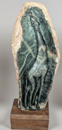 32African Shona Figural Sculpture Of Carved Giraffe Signed Illegibly In A Green African Opal Stone
