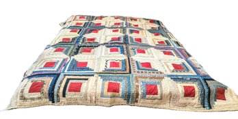 Antique /Vintage Log Cabin Square Quilt In Red, White, And Blue Mix Of Calico And Plaids