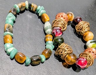 Two Beaded Styled Elastic Bracelets Tiger-eye With African Turquoise / Copper With Aventurine And Amber And