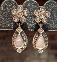 Sterling Moonstone And Marcasite Earrings With Pierced Backings