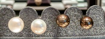 2 Pairs Of Classic Cultured  Pearl Studs In Rich Metallic Copper And Pearly White 6mm
