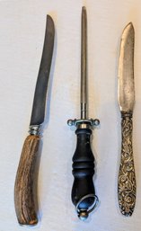 Vintage Steel Knives With Wood/Floral Handles And Sharpening Hone