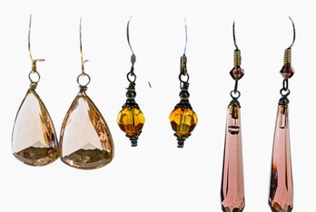 3 Pair Of Vintage Dangling Colored Glass And Crystal Earrings