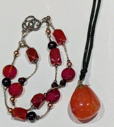 Carnelian And Garnet Bracelet & Polished Coral Stone Pendant On Black Cord