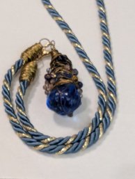 Deep Blue Vintage Murano Wire Wrapped Glass Pendant On Twist Cord
