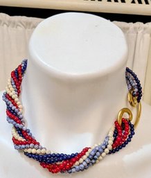Vintage Multistrand Twist Necklace With Red, White, And Blue Beads And Gold Tone Clasp