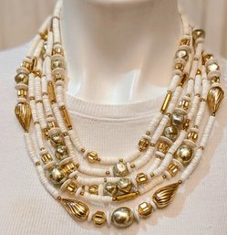 Aloria Vintage Six Multi-strand White & Gold Tone Chunky Beaded Statement Necklace -
