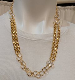 Channel Style 40' Clear Facet Cut Crystals Open Bezel Necklace In Gold Plate