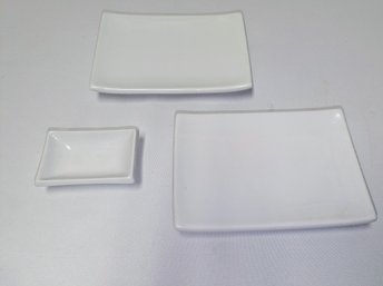 Pier 1 (3)-Piece  Suchi Set - (2) White Porcelain Rectangular Serving Platters & (1) Dipping Sauce Dish