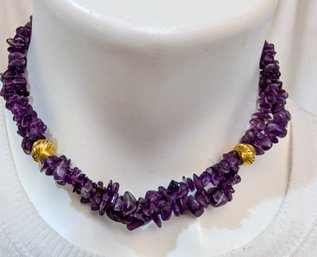 Vintage Natural Double Strand Amethyst Semi Precious Gemstone Necklace / Choker With Gold Plated Beads